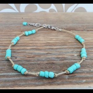 Turquoise beaded, tan cord, ankle bracelet